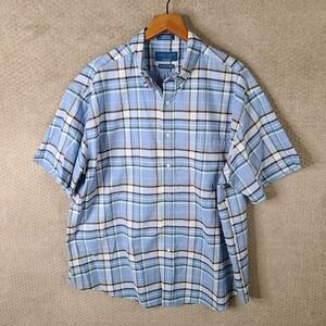 TOWN CRAFT‎ Shirt Mens XXL Blue Plaid Short Sleeve Button Up Wrinkle Free Casual